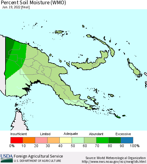 Papua New Guinea Percent Soil Moisture (WMO) Thematic Map For 6/13/2022 - 6/19/2022