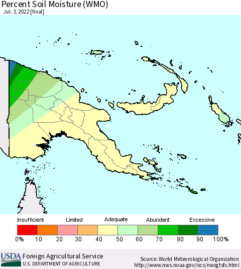 Papua New Guinea Percent Soil Moisture (WMO) Thematic Map For 6/27/2022 - 7/3/2022