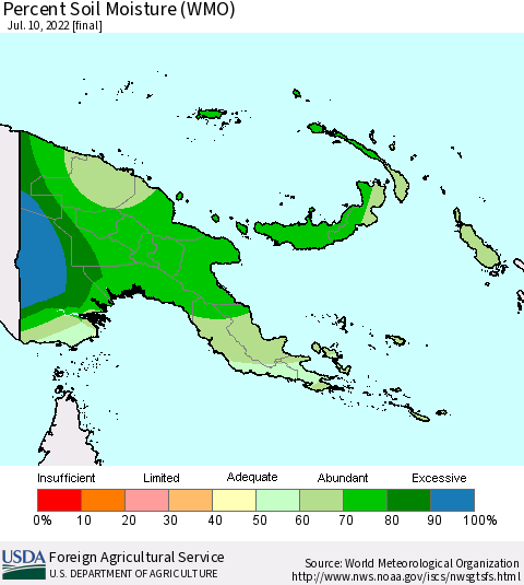Papua New Guinea Percent Soil Moisture (WMO) Thematic Map For 7/4/2022 - 7/10/2022