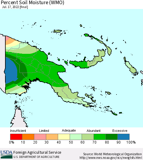 Papua New Guinea Percent Soil Moisture (WMO) Thematic Map For 7/11/2022 - 7/17/2022