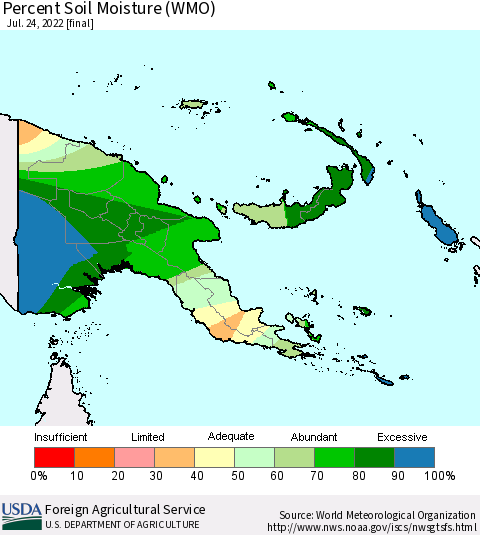 Papua New Guinea Percent Soil Moisture (WMO) Thematic Map For 7/18/2022 - 7/24/2022