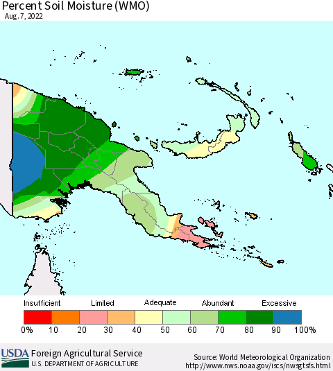 Papua New Guinea Percent Soil Moisture (WMO) Thematic Map For 8/1/2022 - 8/7/2022