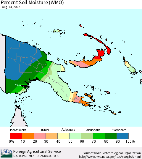 Papua New Guinea Percent Soil Moisture (WMO) Thematic Map For 8/8/2022 - 8/14/2022