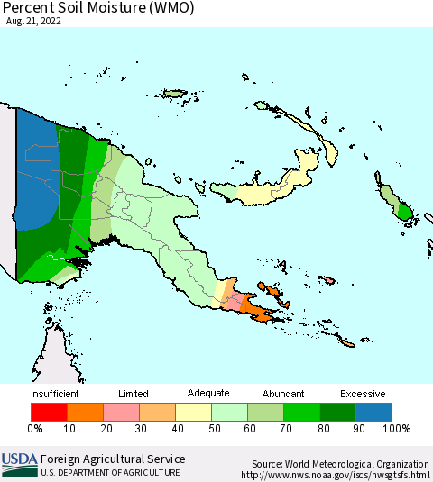Papua New Guinea Percent Soil Moisture (WMO) Thematic Map For 8/15/2022 - 8/21/2022