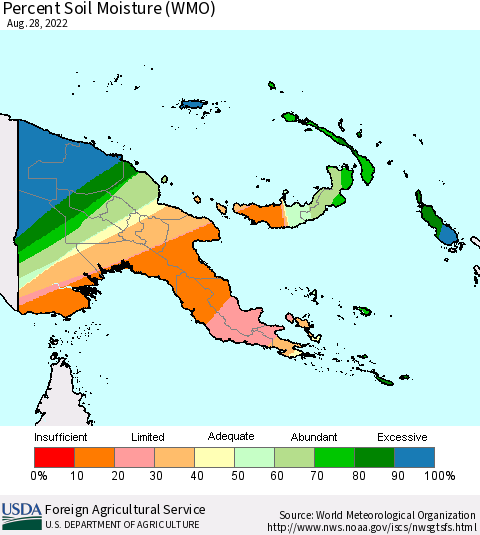 Papua New Guinea Percent Soil Moisture (WMO) Thematic Map For 8/22/2022 - 8/28/2022