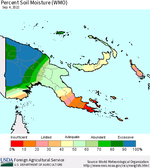 Papua New Guinea Percent Soil Moisture (WMO) Thematic Map For 8/29/2022 - 9/4/2022
