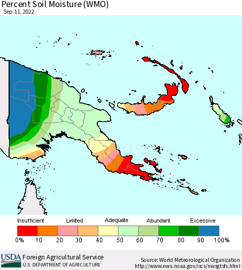 Papua New Guinea Percent Soil Moisture (WMO) Thematic Map For 9/5/2022 - 9/11/2022