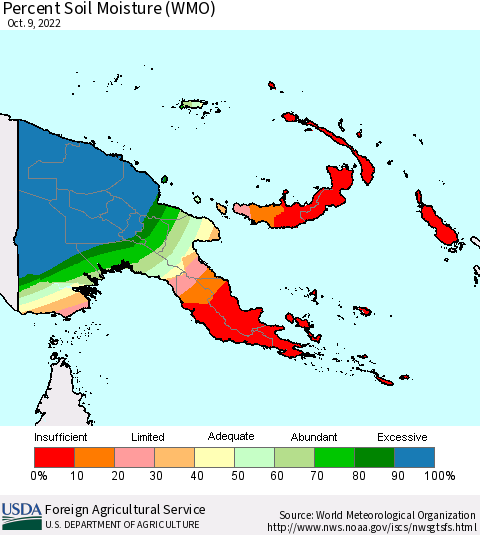 Papua New Guinea Percent Soil Moisture (WMO) Thematic Map For 10/3/2022 - 10/9/2022