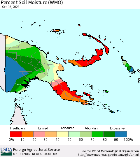 Papua New Guinea Percent Soil Moisture (WMO) Thematic Map For 10/10/2022 - 10/16/2022