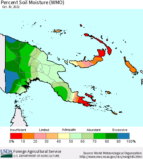 Papua New Guinea Percent Soil Moisture (WMO) Thematic Map For 10/24/2022 - 10/30/2022