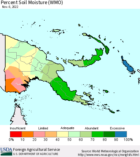 Papua New Guinea Percent Soil Moisture (WMO) Thematic Map For 10/31/2022 - 11/6/2022