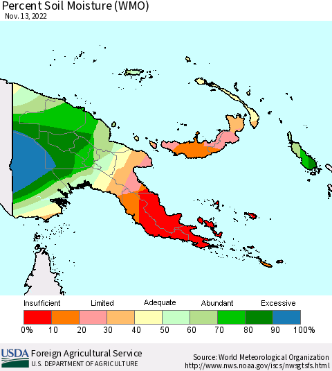 Papua New Guinea Percent Soil Moisture (WMO) Thematic Map For 11/7/2022 - 11/13/2022