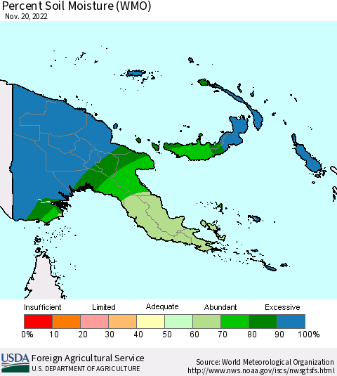 Papua New Guinea Percent Soil Moisture (WMO) Thematic Map For 11/14/2022 - 11/20/2022