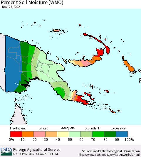 Papua New Guinea Percent Soil Moisture (WMO) Thematic Map For 11/21/2022 - 11/27/2022