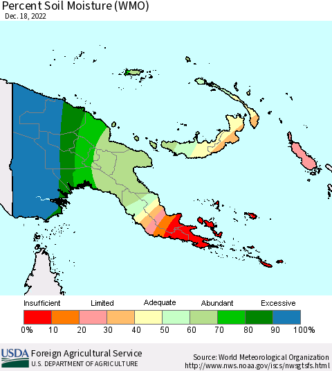 Papua New Guinea Percent Soil Moisture (WMO) Thematic Map For 12/12/2022 - 12/18/2022