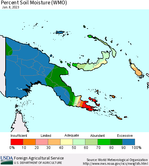 Papua New Guinea Percent Soil Moisture (WMO) Thematic Map For 1/2/2023 - 1/8/2023