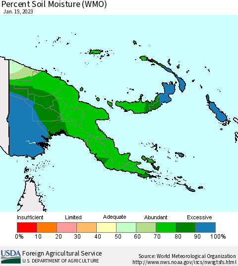 Papua New Guinea Percent Soil Moisture (WMO) Thematic Map For 1/9/2023 - 1/15/2023