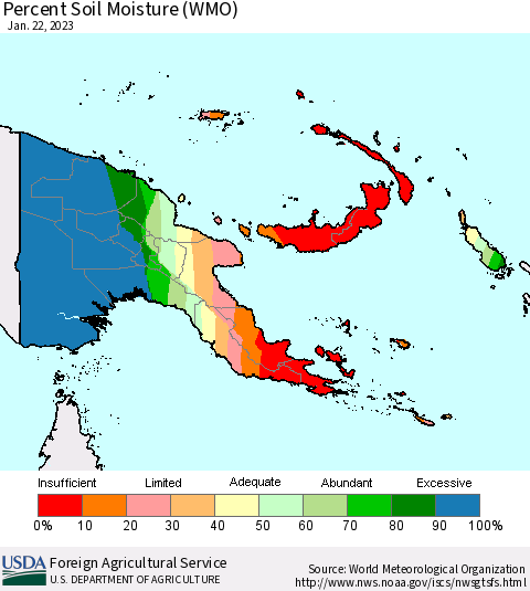 Papua New Guinea Percent Soil Moisture (WMO) Thematic Map For 1/16/2023 - 1/22/2023