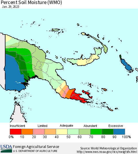 Papua New Guinea Percent Soil Moisture (WMO) Thematic Map For 1/23/2023 - 1/29/2023