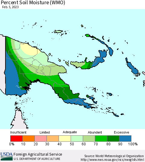 Papua New Guinea Percent Soil Moisture (WMO) Thematic Map For 1/30/2023 - 2/5/2023