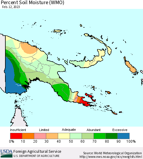 Papua New Guinea Percent Soil Moisture (WMO) Thematic Map For 2/6/2023 - 2/12/2023