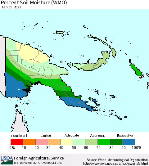 Papua New Guinea Percent Soil Moisture (WMO) Thematic Map For 2/13/2023 - 2/19/2023