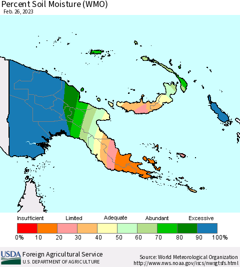 Papua New Guinea Percent Soil Moisture (WMO) Thematic Map For 2/20/2023 - 2/26/2023