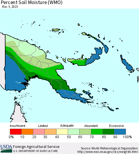 Papua New Guinea Percent Soil Moisture (WMO) Thematic Map For 2/27/2023 - 3/5/2023