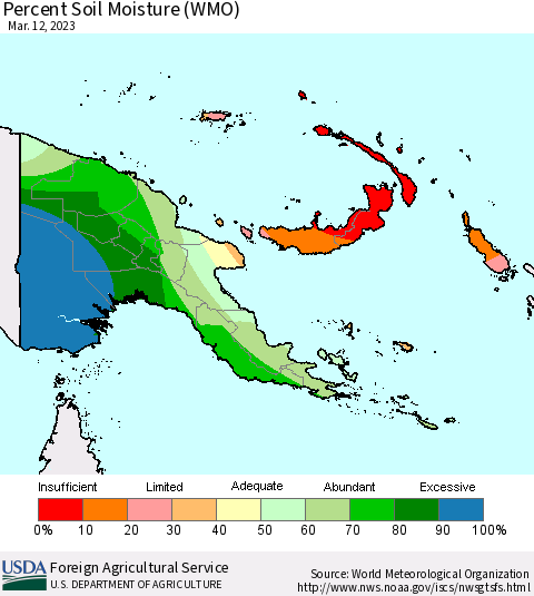 Papua New Guinea Percent Soil Moisture (WMO) Thematic Map For 3/6/2023 - 3/12/2023
