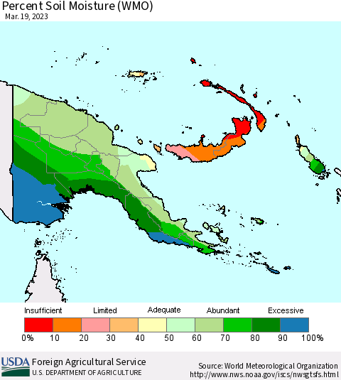 Papua New Guinea Percent Soil Moisture (WMO) Thematic Map For 3/13/2023 - 3/19/2023