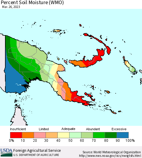 Papua New Guinea Percent Soil Moisture (WMO) Thematic Map For 3/20/2023 - 3/26/2023