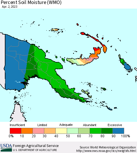 Papua New Guinea Percent Soil Moisture (WMO) Thematic Map For 3/27/2023 - 4/2/2023