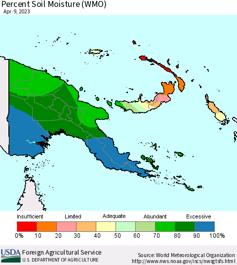 Papua New Guinea Percent Soil Moisture (WMO) Thematic Map For 4/3/2023 - 4/9/2023