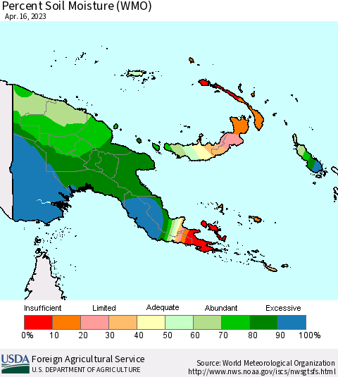 Papua New Guinea Percent Soil Moisture (WMO) Thematic Map For 4/10/2023 - 4/16/2023