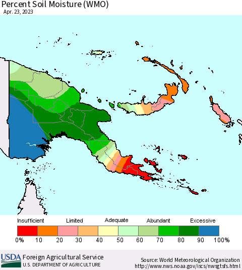 Papua New Guinea Percent Soil Moisture (WMO) Thematic Map For 4/17/2023 - 4/23/2023