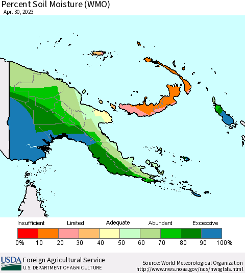 Papua New Guinea Percent Soil Moisture (WMO) Thematic Map For 4/24/2023 - 4/30/2023