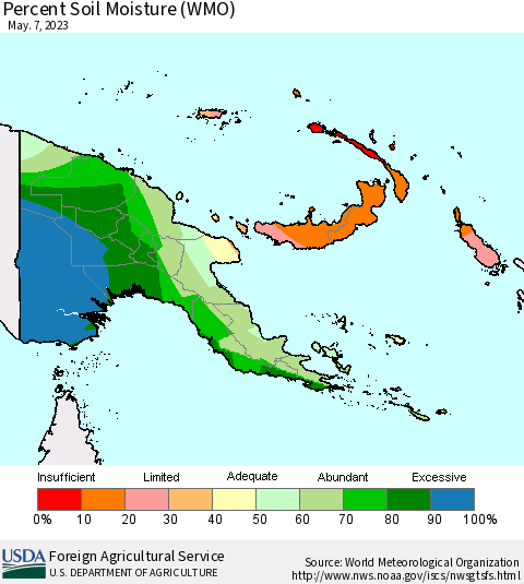 Papua New Guinea Percent Soil Moisture (WMO) Thematic Map For 5/1/2023 - 5/7/2023