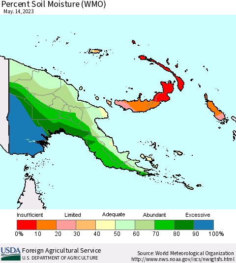 Papua New Guinea Percent Soil Moisture (WMO) Thematic Map For 5/8/2023 - 5/14/2023