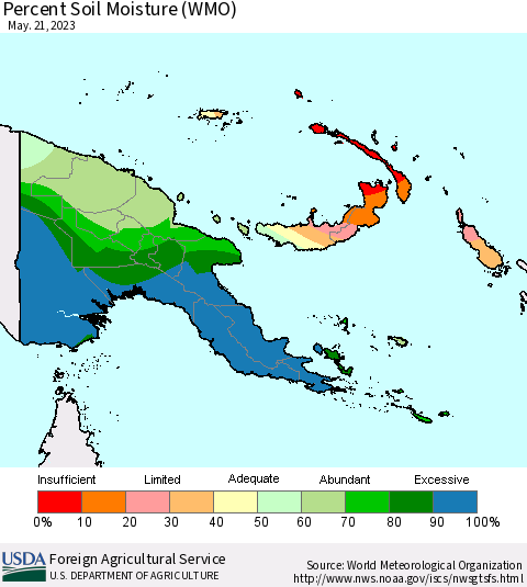 Papua New Guinea Percent Soil Moisture (WMO) Thematic Map For 5/15/2023 - 5/21/2023