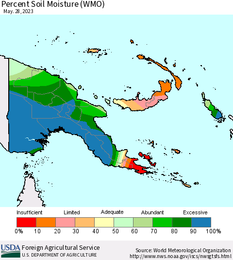 Papua New Guinea Percent Soil Moisture (WMO) Thematic Map For 5/22/2023 - 5/28/2023