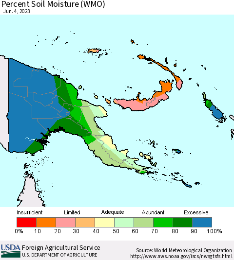 Papua New Guinea Percent Soil Moisture (WMO) Thematic Map For 5/29/2023 - 6/4/2023