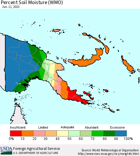 Papua New Guinea Percent Soil Moisture (WMO) Thematic Map For 6/5/2023 - 6/11/2023