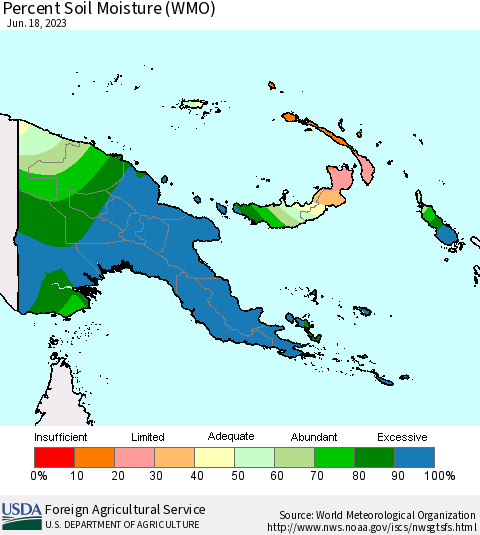 Papua New Guinea Percent Soil Moisture (WMO) Thematic Map For 6/12/2023 - 6/18/2023