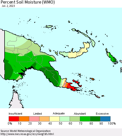 Papua New Guinea Percent Soil Moisture (WMO) Thematic Map For 6/26/2023 - 7/2/2023