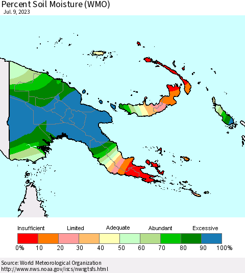 Papua New Guinea Percent Soil Moisture (WMO) Thematic Map For 7/3/2023 - 7/9/2023