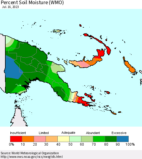 Papua New Guinea Percent Soil Moisture (WMO) Thematic Map For 7/10/2023 - 7/16/2023