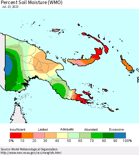 Papua New Guinea Percent Soil Moisture (WMO) Thematic Map For 7/17/2023 - 7/23/2023