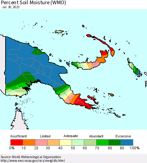 Papua New Guinea Percent Soil Moisture (WMO) Thematic Map For 7/24/2023 - 7/30/2023