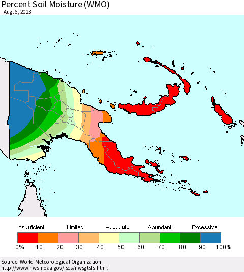 Papua New Guinea Percent Soil Moisture (WMO) Thematic Map For 7/31/2023 - 8/6/2023