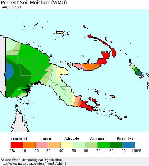 Papua New Guinea Percent Soil Moisture (WMO) Thematic Map For 8/7/2023 - 8/13/2023